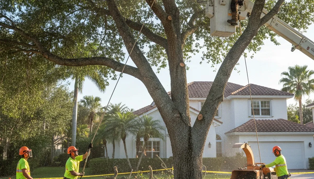 Professional crew performing safe tree removal with bucket truck in Fort Lauderdale FL neighborhood
