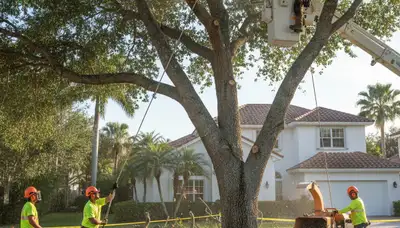 Professional crew performing safe tree removal with bucket truck in Fort Lauderdale FL neighborhood