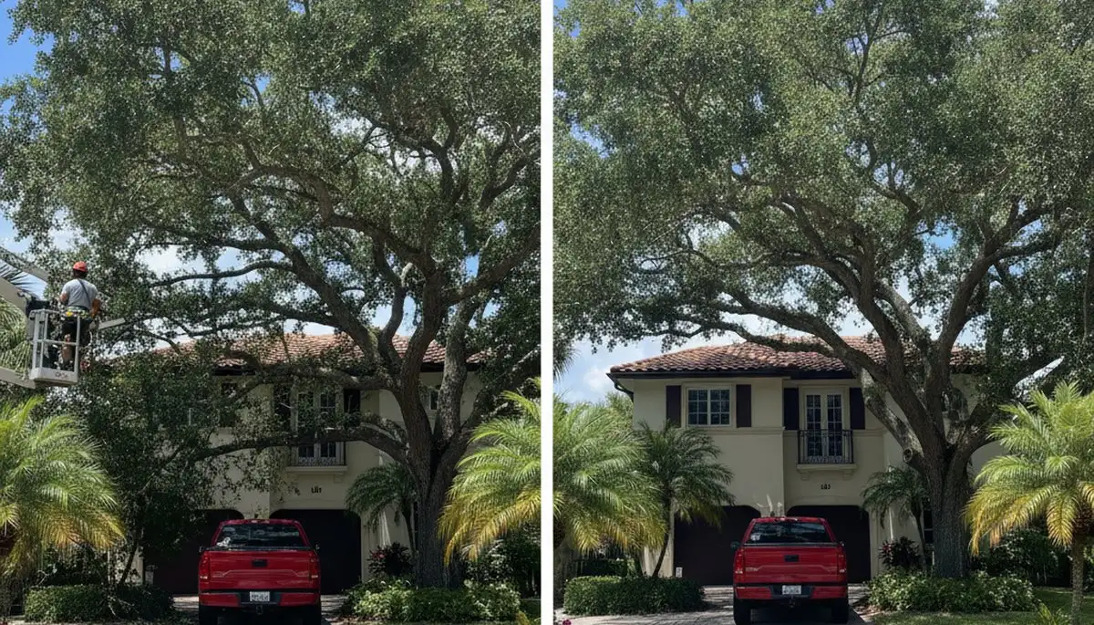 Arborist lifting tree canopy for better driveway access in Fort Lauderdale FL tree trimming service