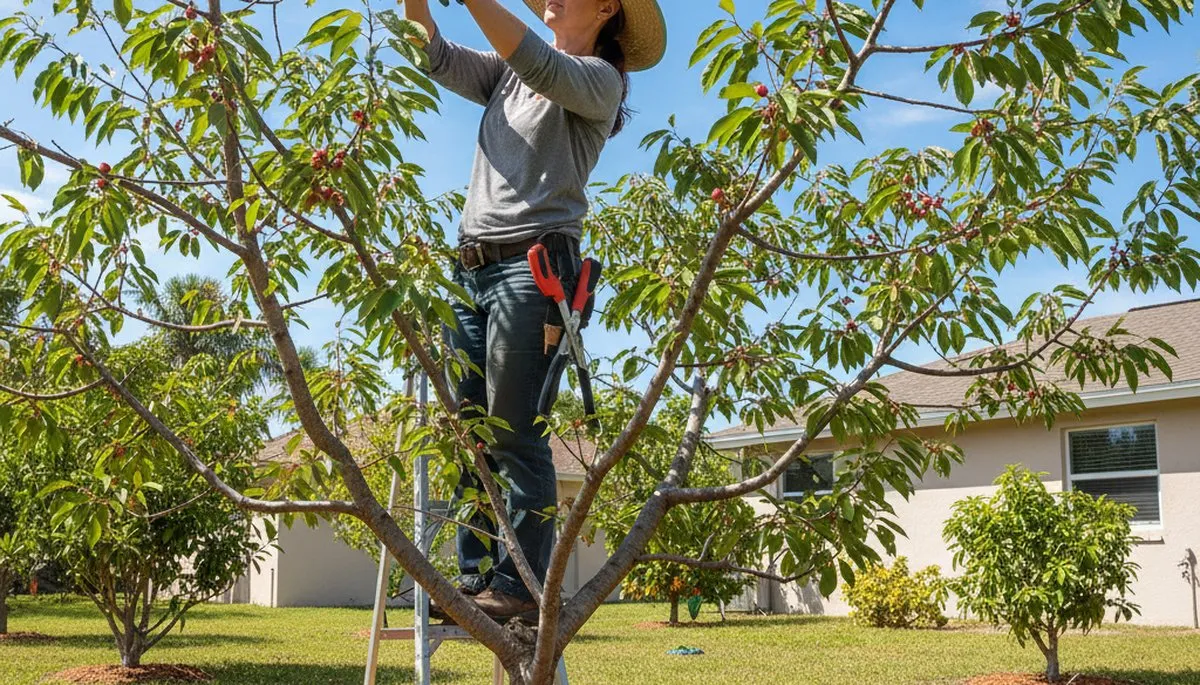 Arborist pruning fruit tree for improved harvest in Fort Lauderdale FL backyard orchard