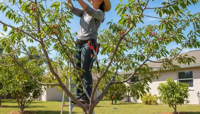 Arborist pruning fruit tree for improved harvest in Fort Lauderdale FL backyard orchard