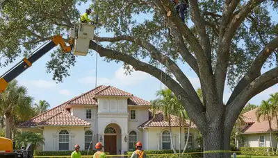 Arborists using bucket truck for large tree removal in Fort Lauderdale FL residential neighborhood