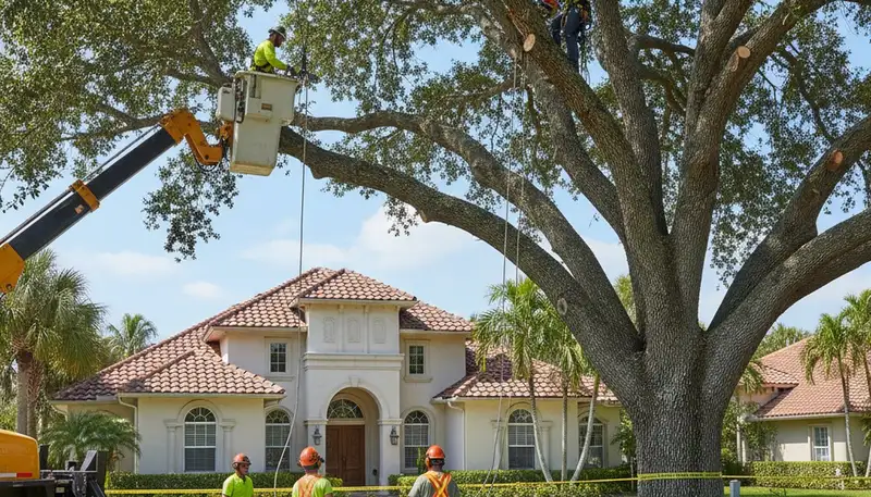 Arborists using bucket truck for large tree removal in Fort Lauderdale FL residential neighborhood