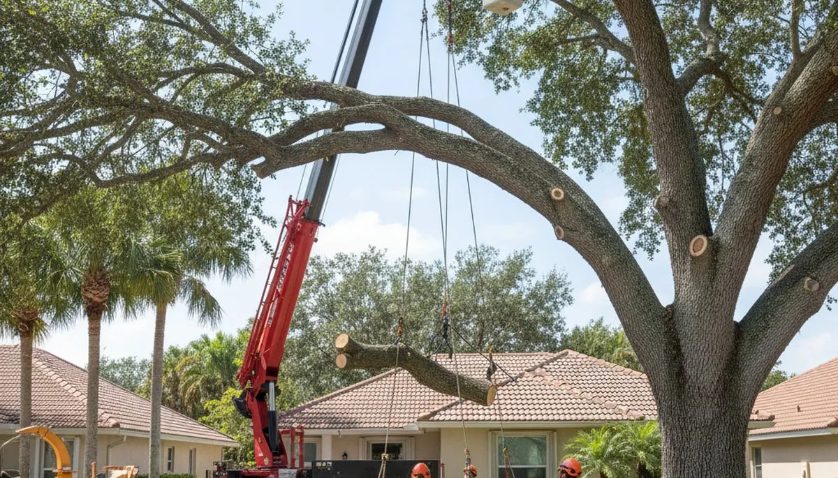 Arborists using bucket truck for large tree removal at Pembroke Pines home near Fort Lauderdale, FL