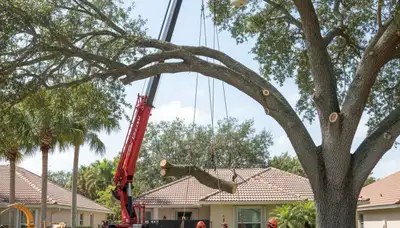 Arborists using bucket truck for large tree removal at Pembroke Pines home near Fort Lauderdale, FL