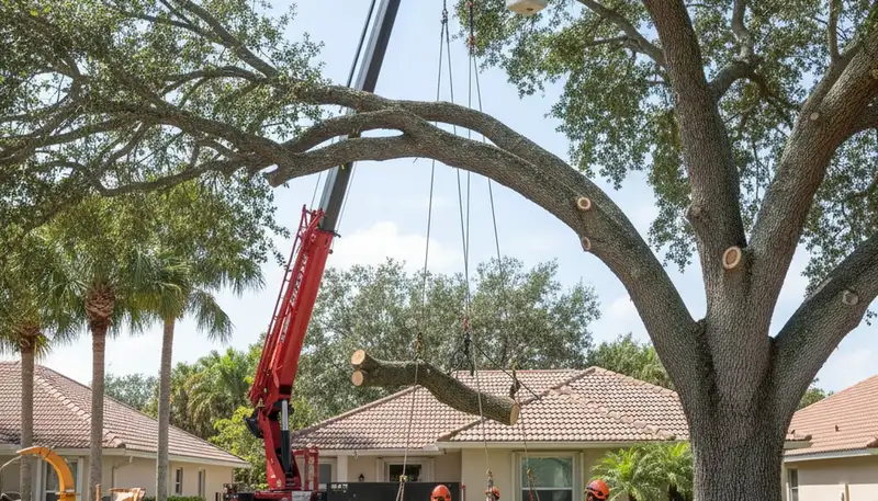 Arborists using bucket truck for large tree removal at Pembroke Pines home near Fort Lauderdale, FL