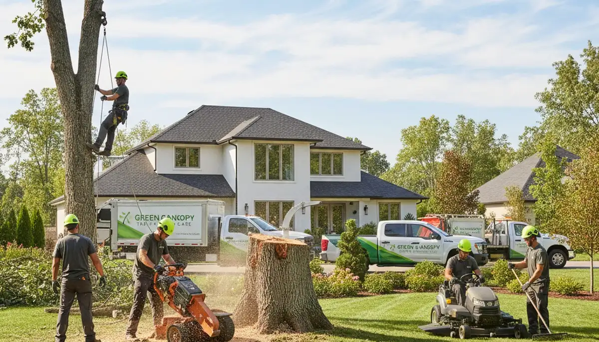 Professional lawn care and tree removal crew working in Fort Lauderdale FL yard