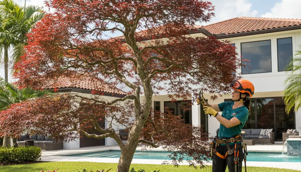 Arborist hand pruning ornamental Japanese maple for curb appeal in Fort Lauderdale FL landscape