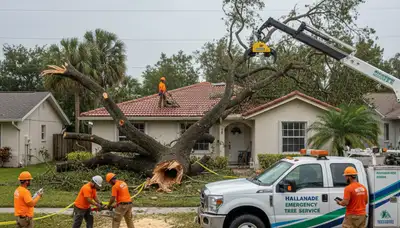 Emergency tree removal crew clearing storm-damaged trees in Hallandale, near Fort Lauderdale, FL