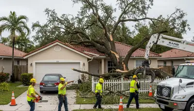 Emergency tree removal after storm damage in Plantation, FL by Fort Lauderdale tree service crew