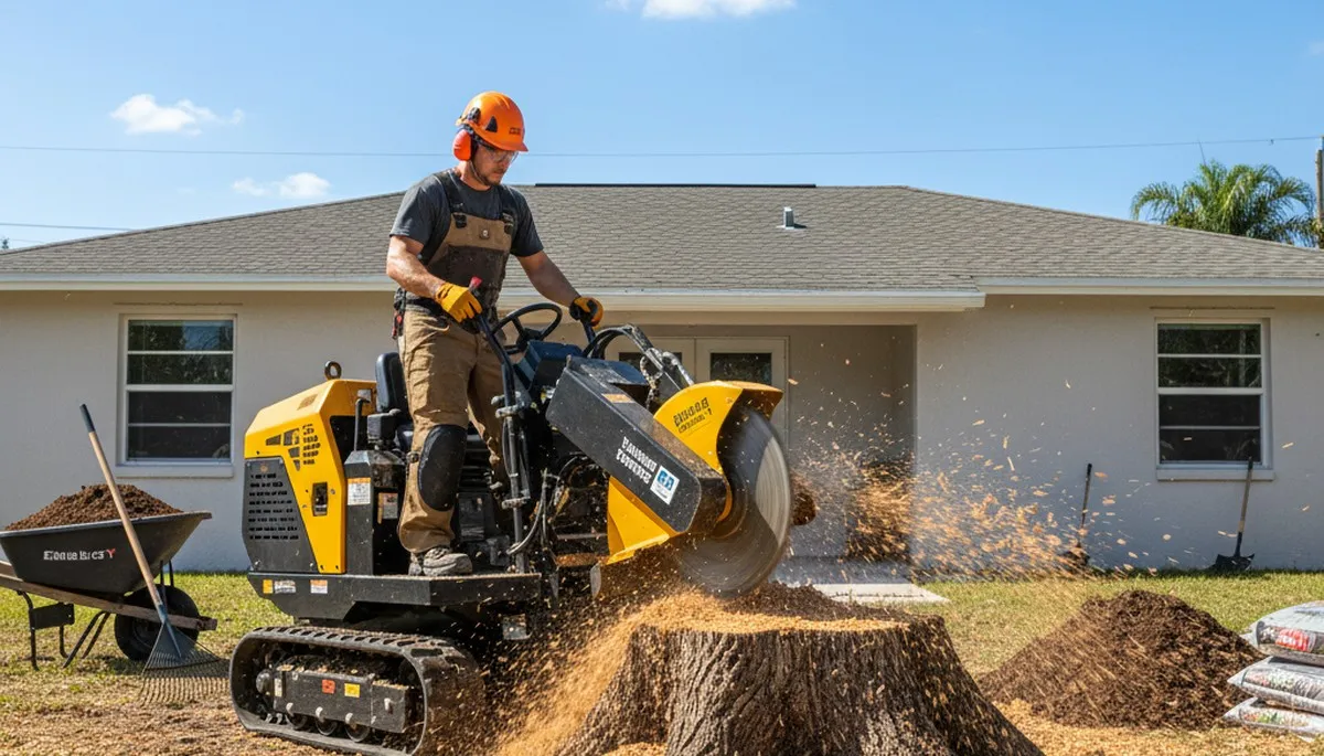 Professional stump grinding service removing tree stumps in Dania, Fort Lauderdale, FL yard
