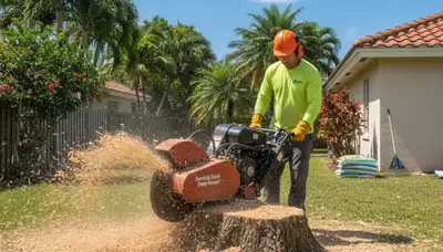 Professional stump grinding service removing tree stumps in Deerfield Beach, FL yard