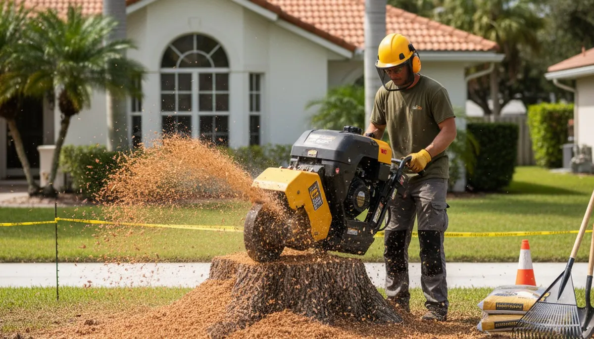 Professional stump grinding service removing tree stumps in Hallandale, FL near Fort Lauderdale homes