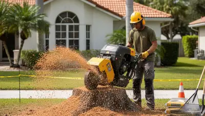 Professional stump grinding service removing tree stumps in Hallandale, FL near Fort Lauderdale homes