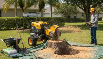 Professional stump grinding service removing tree stumps in Pembroke Pines, FL lawn restoration