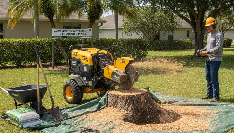 Professional stump grinding service removing tree stumps in Pembroke Pines, FL lawn restoration