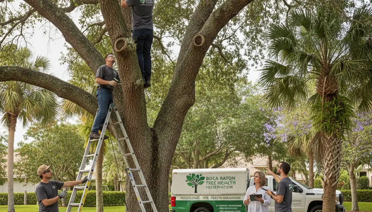 Certified arborist performing tree health assessment for homeowners in Boca Raton, FL