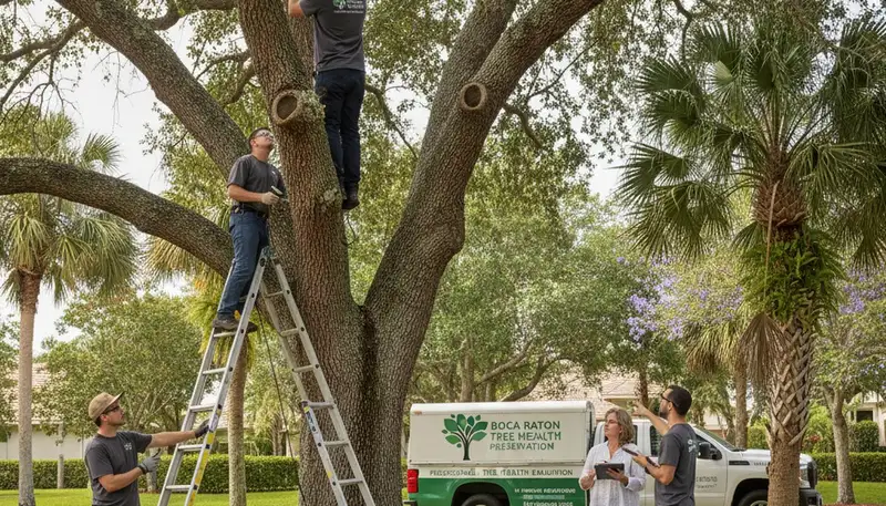 Certified arborist performing tree health assessment for homeowners in Boca Raton, FL