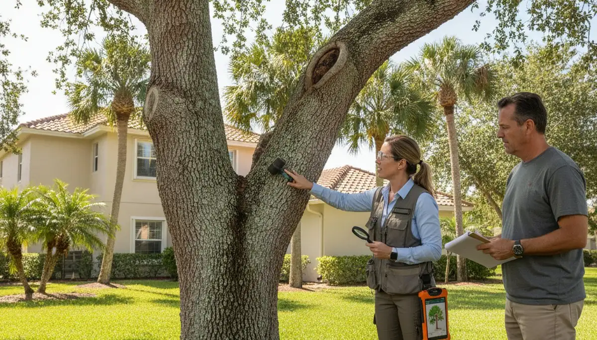Certified arborist performing tree health assessment in Deerfield Beach near Fort Lauderdale, FL