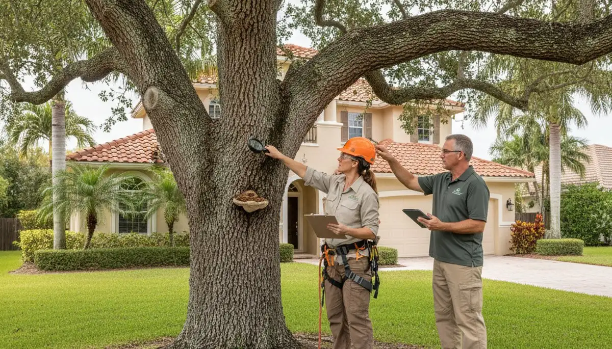 Certified arborist performing tree health assessment for homeowners in Hallandale, FL near Fort Lauderdale
