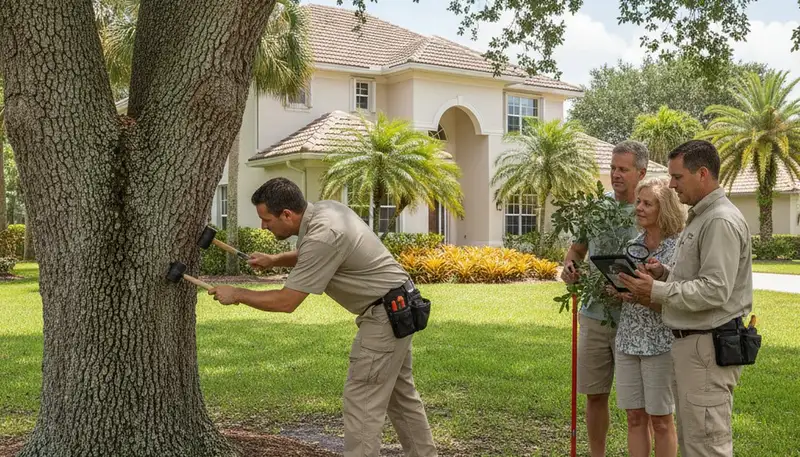 Certified arborist performing tree health assessment for homeowners in Pembroke Pines, FL