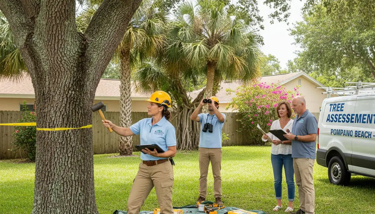 Certified arborist performing tree health assessment in Pompano Beach, FL for tree service safety