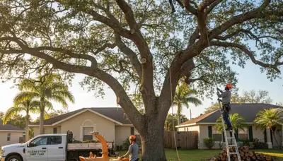 Professional tree removal service in Fort Lauderdale FL safely clearing large backyard oak tree