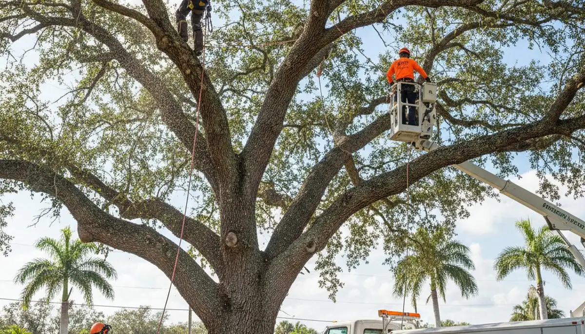 Professional tree removal service crew in Fort Lauderdale FL safely cutting large oak tree