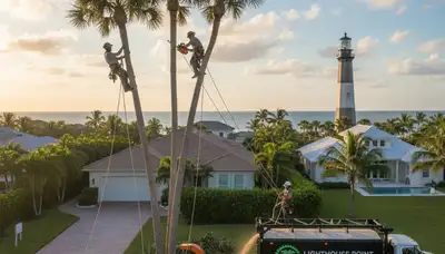 Professional tree removal service crew in Fort Lauderdale FL safely cutting large oak tree